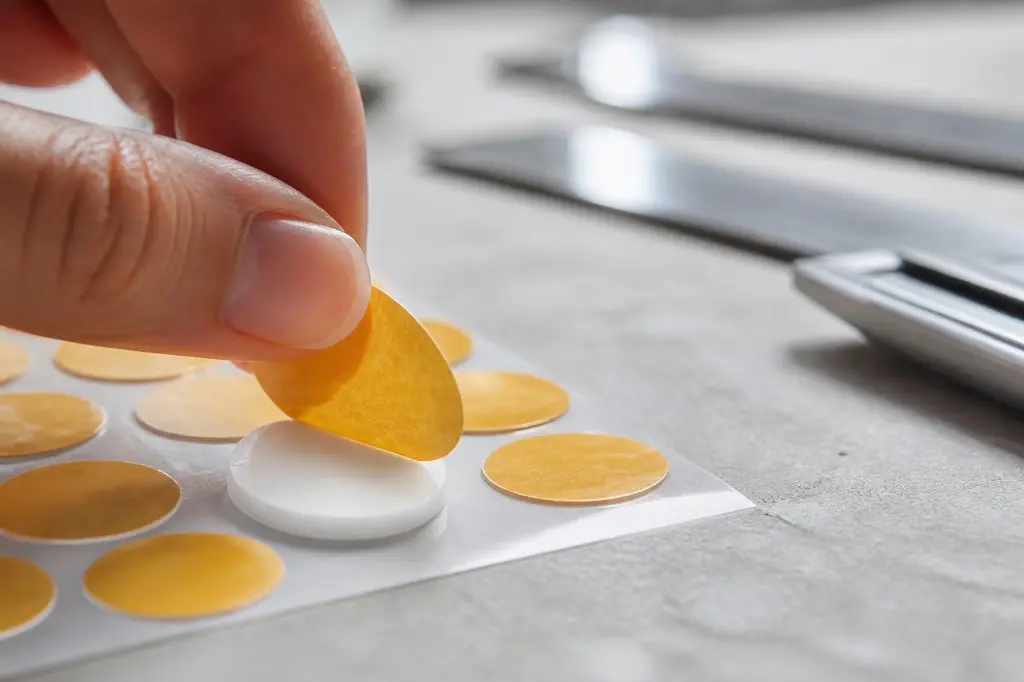 AI Generated Ambiance – retrait du papier jaune protecteur (liner) d’une pastille double face Ø18 mm