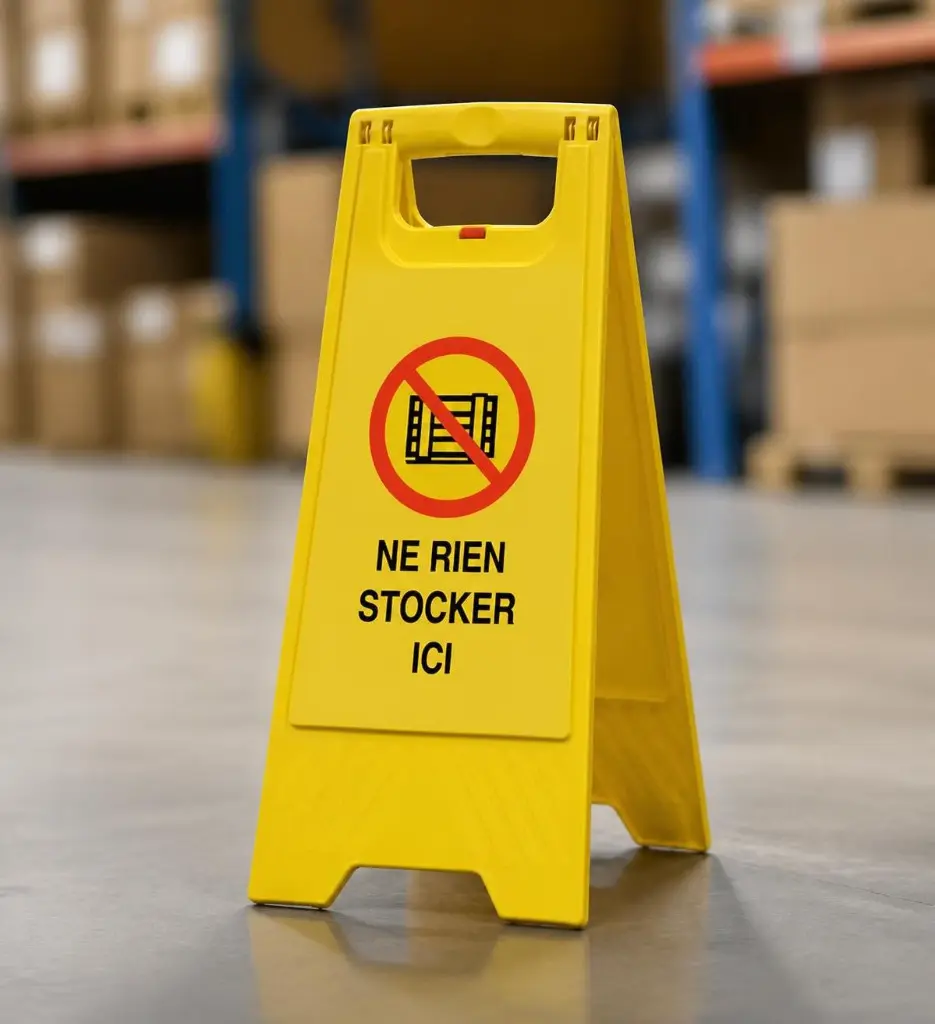 AI Generated Chevalet « Ne rien stocker ici » – vue latérale