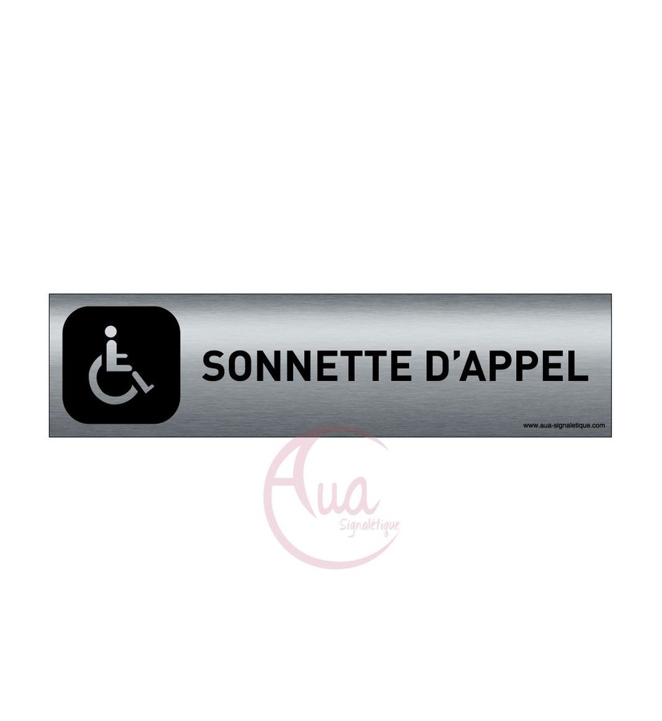 [201311-F] Plaque de porte Aluminium brossé imprimé AluSign DARK - 200x50 mm - Sonnette d'appel handicapés - Double Face adhésif au dos