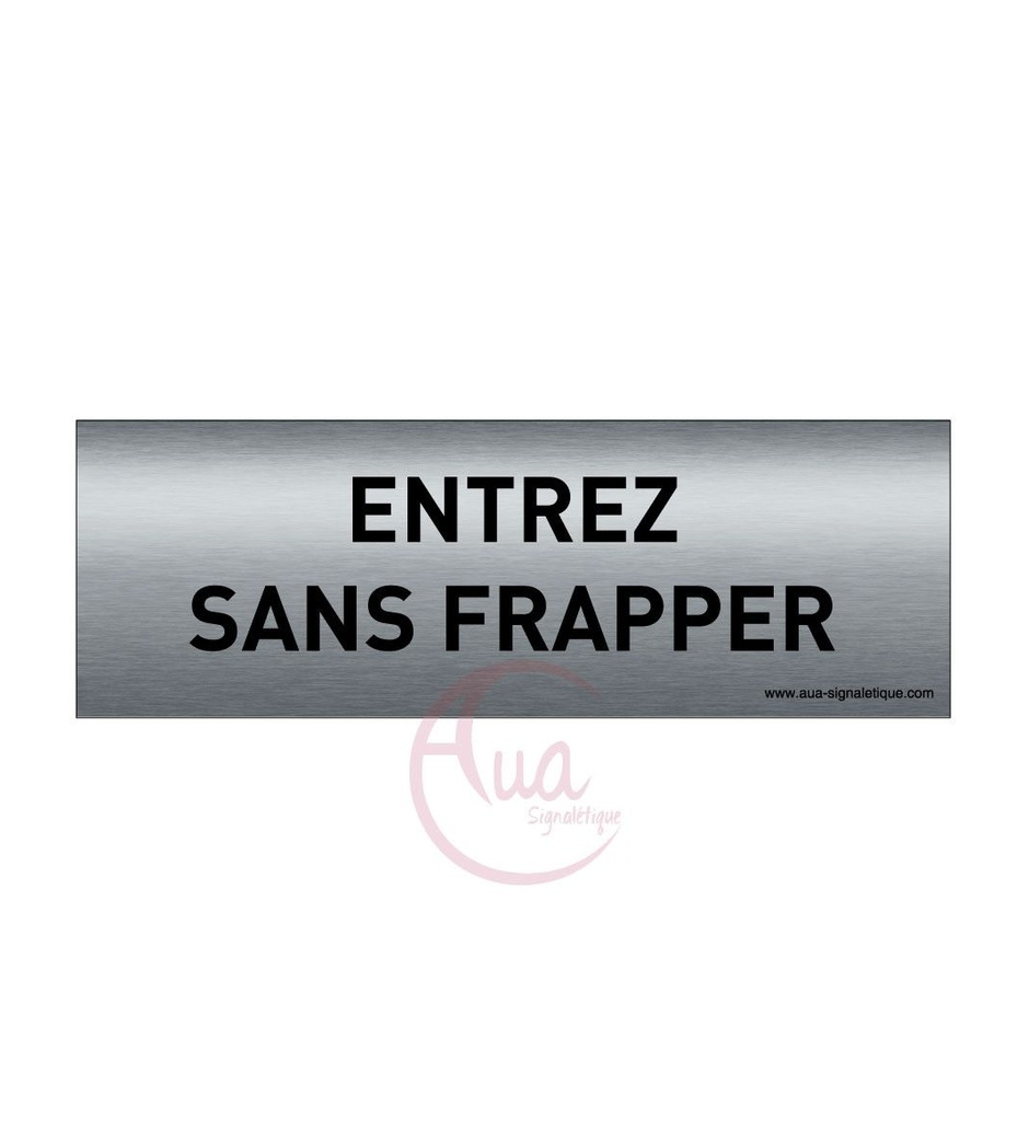 [201335-F] Plaque de porte Aluminium brossé imprimé AluSign Texte - 150x50 mm - Entrez sans frapper - Double Face adhésif au dos