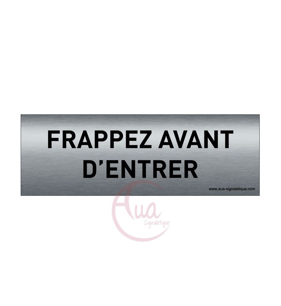 [201337-F] Plaque de porte Aluminium brossé imprimé AluSign Texte - 150x50 mm - Frappez avant d'entrer - Double Face adhésif au dos