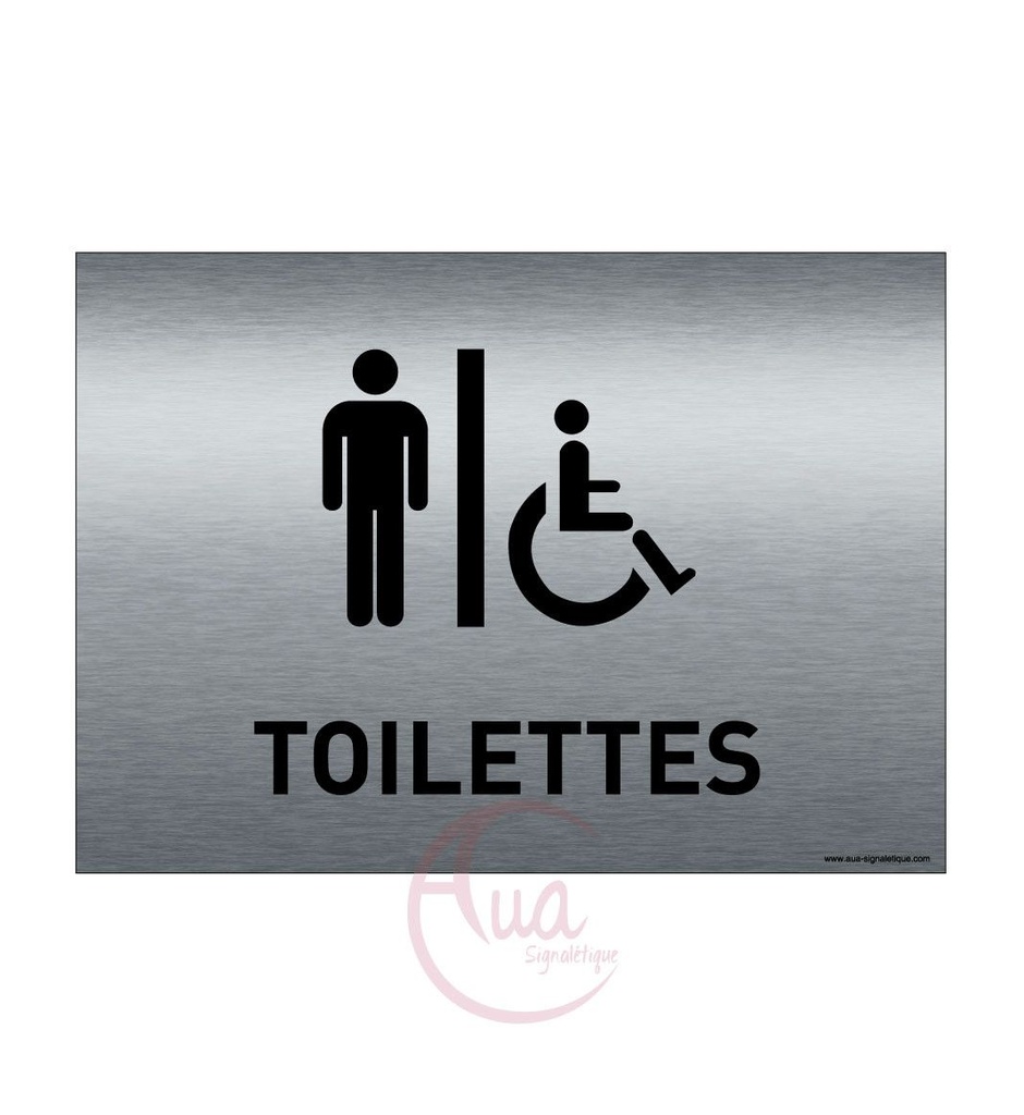 [201365-F] Plaque de porte Aluminium brossé imprimé AluSign - 210x150 mm - Toilettes hommes handicapés - Double Face adhésif au dos