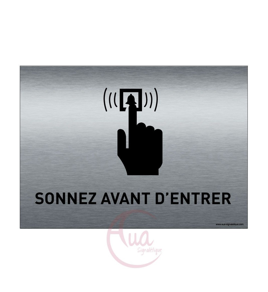 [201368-F] Plaque de porte Aluminium brossé imprimé AluSign - 210x150 mm - Sonnez avant d'entrer - Double Face adhésif au dos