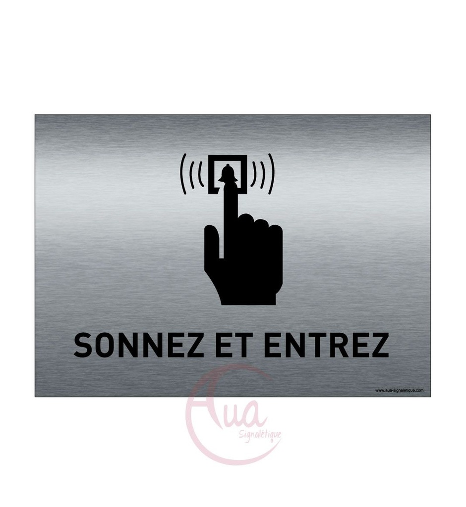 [201369-F] Plaque de porte Aluminium brossé imprimé AluSign - 210x150 mm - Sonnez et entrez - Double Face adhésif au dos