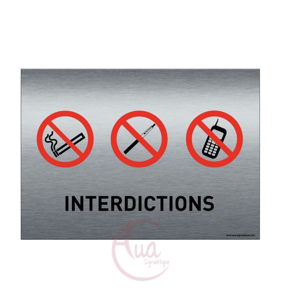 [201374-F] Plaque de porte Aluminium brossé imprimé AluSign - 210x150 mm - Interdictions Tél - fumer - vapoter - Double Face adhésif au dos