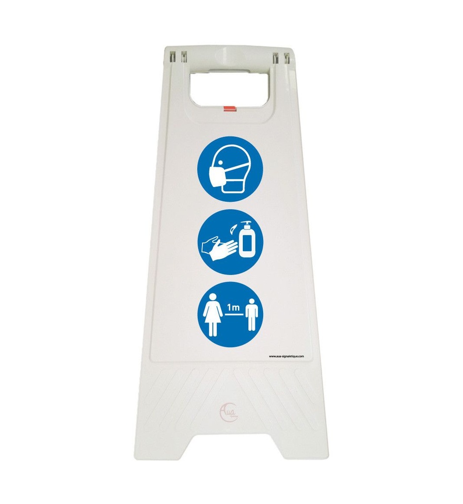 Chevalet signalisation respectez consignes distance 1 m obligatoire - Poids 1KG en plastique blanc