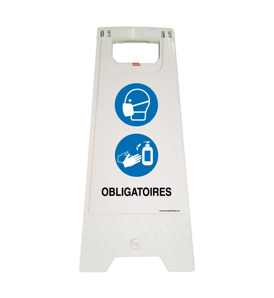 Chevalet signalisation masque et désinfection mains obligatoires - Poids 1KG en plastique blanc