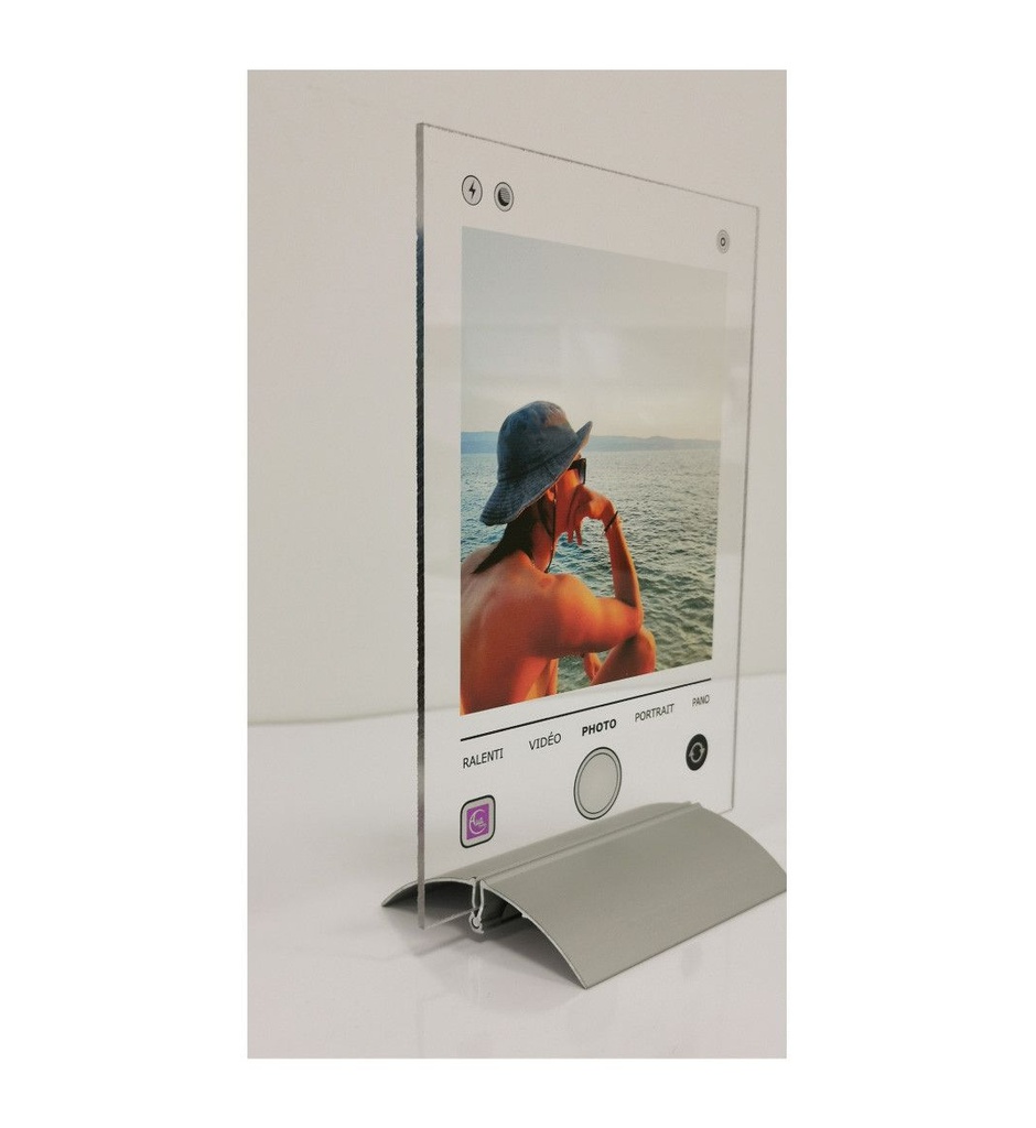 [201742-S] Plaque IPHONE Photo personnalisée avec socle aluminium - Photo imprimée sur plexiglass transparent