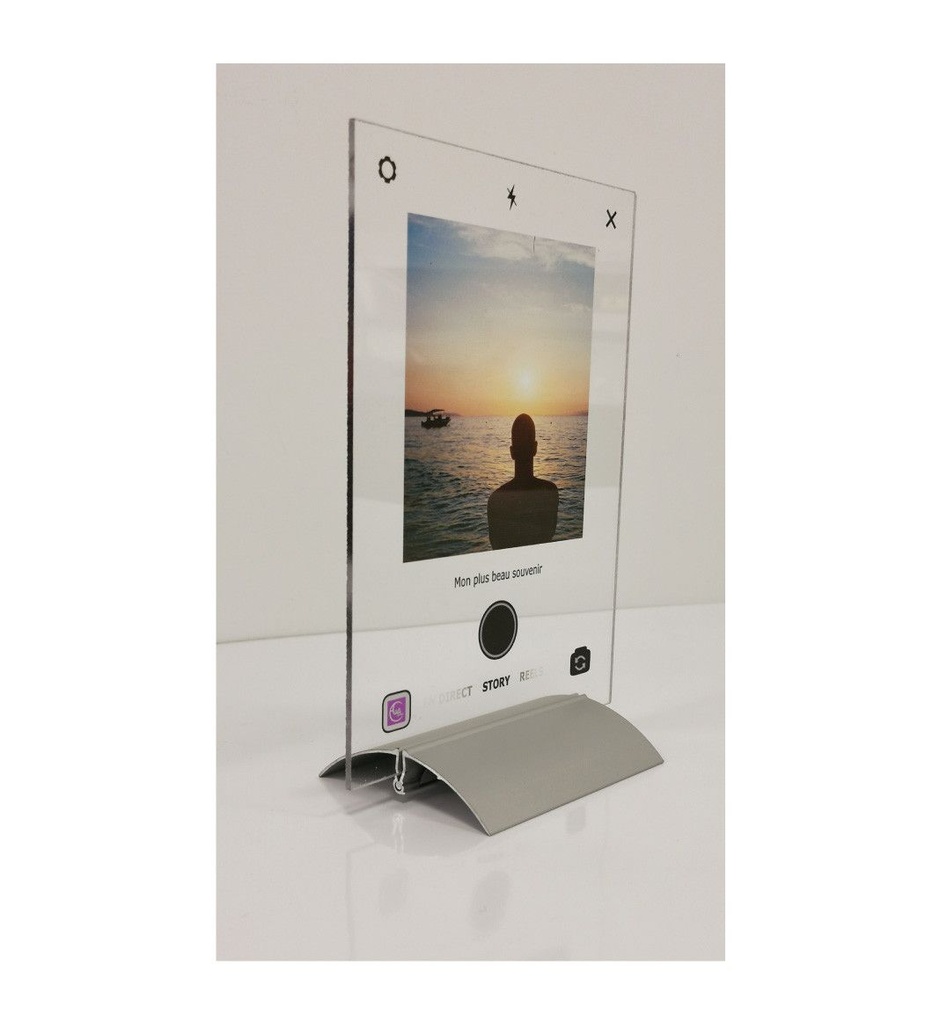[201743-S] Plaque INSTA Photo SOUVENIRS avec texte personnalisé avec socle aluminium - Photo imprimée sur plexiglass transparent