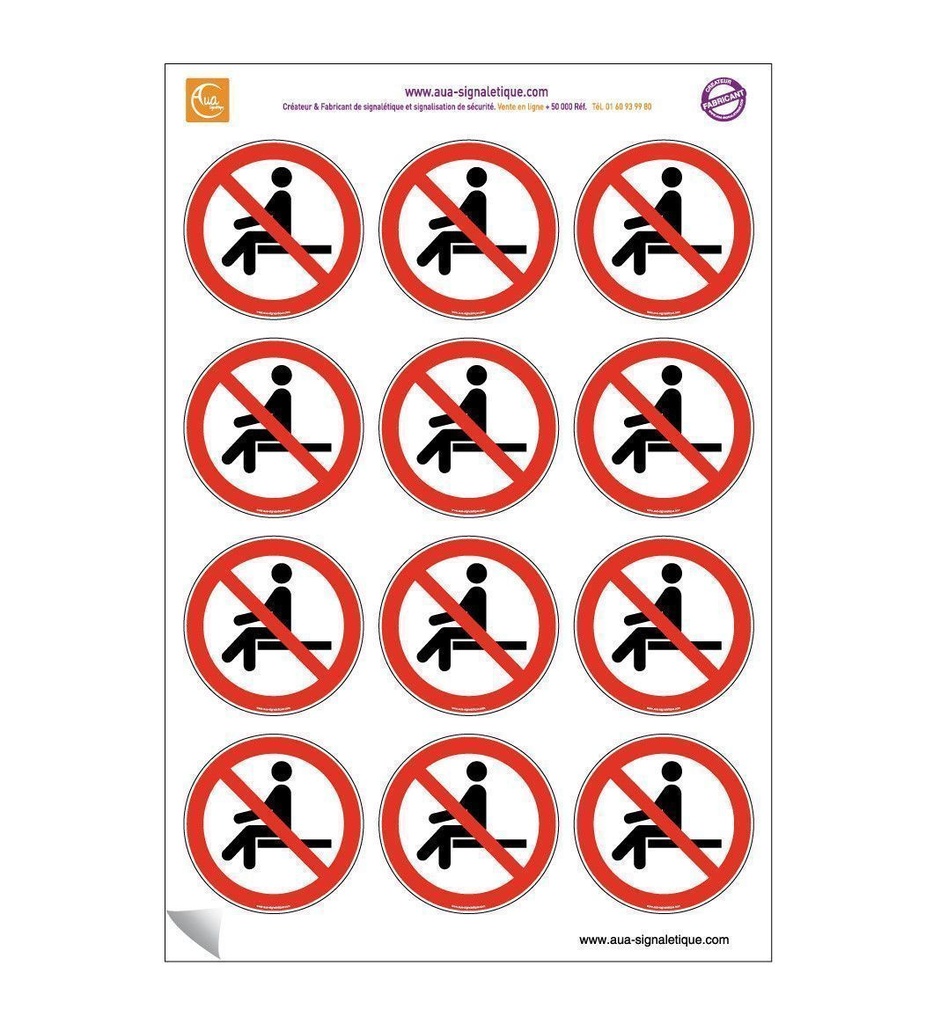 [201747] Planche de 12 autocollants - pictogramme Interdiction de s'asseoir -  Ø 60 mm - sticker à coller sur les chaises