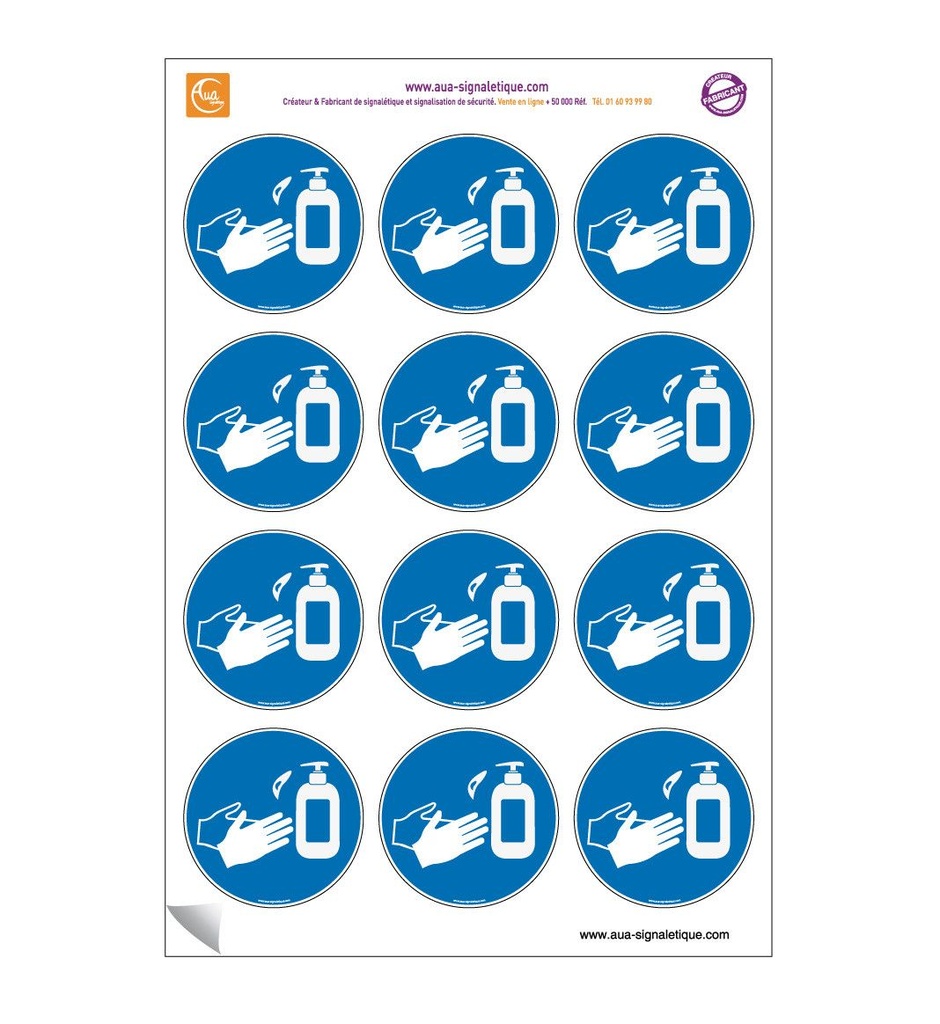 [201748] Planche de 12 autocollants - pictogramme Désinfection des mains obligatoire -  Ø 60 mm - sticker
