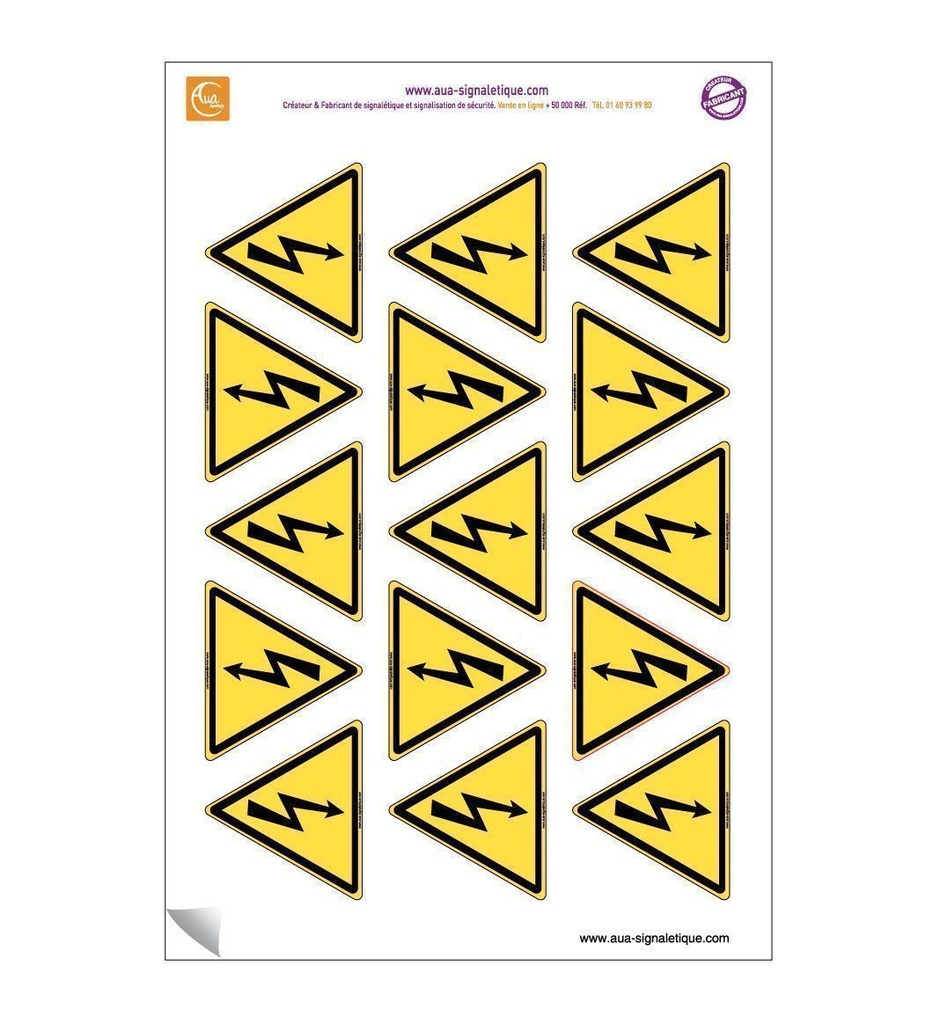 [201749] Planche de 15 autocollants - pictogramme Danger électricité - ISO 7010 W012 - Triangle base 60 mm hauteur 50 mm - sticker