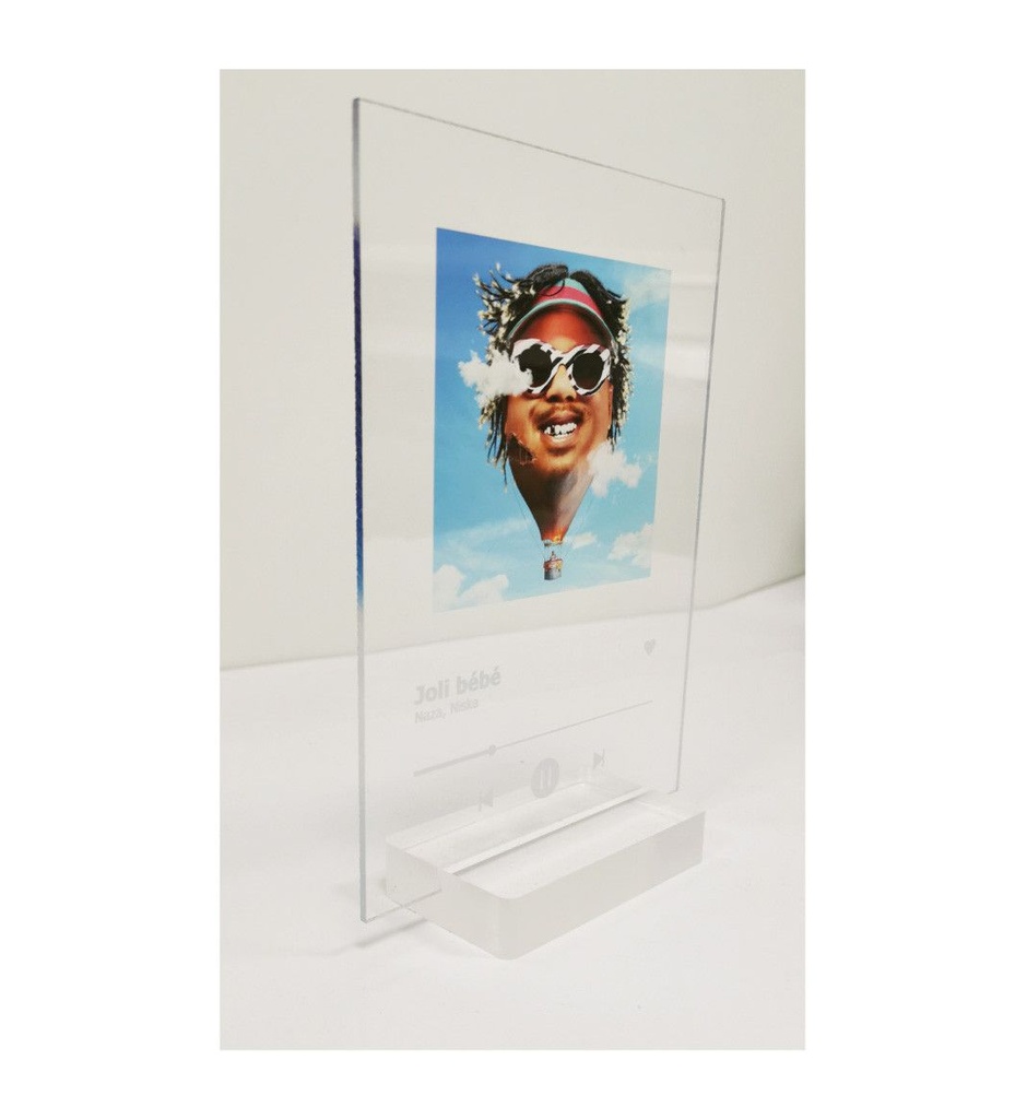 [201739-SP] Plaque SPOTIFY Musique avec socle plexiglass - écriture en BLANC personnalisée - Photo imprimée sur plexiglass transparent