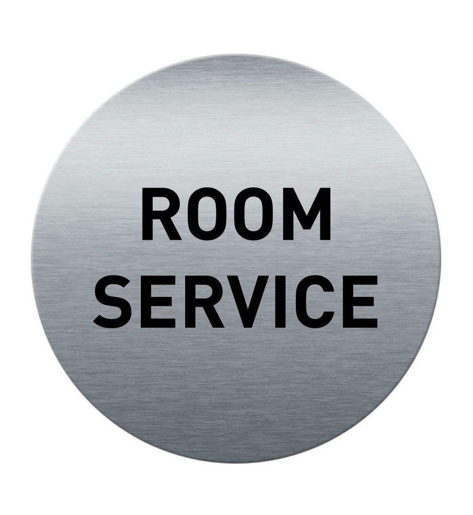 [201850-F] Plaque de porte Aluminium brossé imprimé AluSign Ø 85 mm - épaisseur. 3 mm - ROOM SERVICE - Double Face adhésif au dos