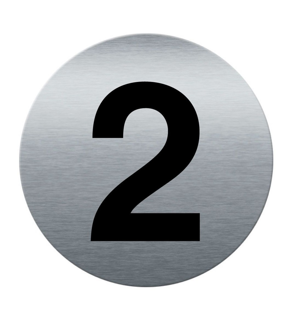 [201853-F] Plaque de porte Aluminium brossé imprimé AluSign Ø 85 mm - épaisseur. 3 mm - Chiffre  2 - Double Face adhésif au dos