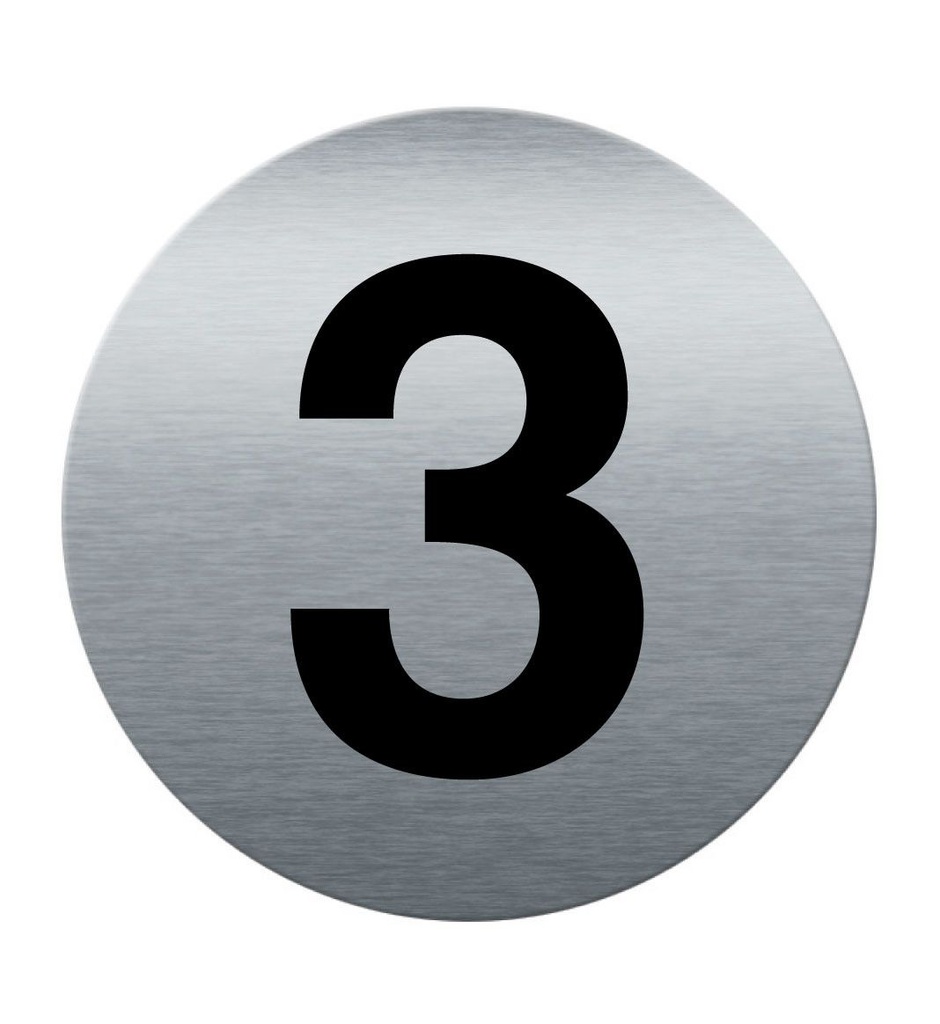 [201855-F] Plaque de porte Aluminium brossé imprimé AluSign Ø 85 mm - épaisseur. 3 mm - Chiffre  3 - Double Face adhésif au dos