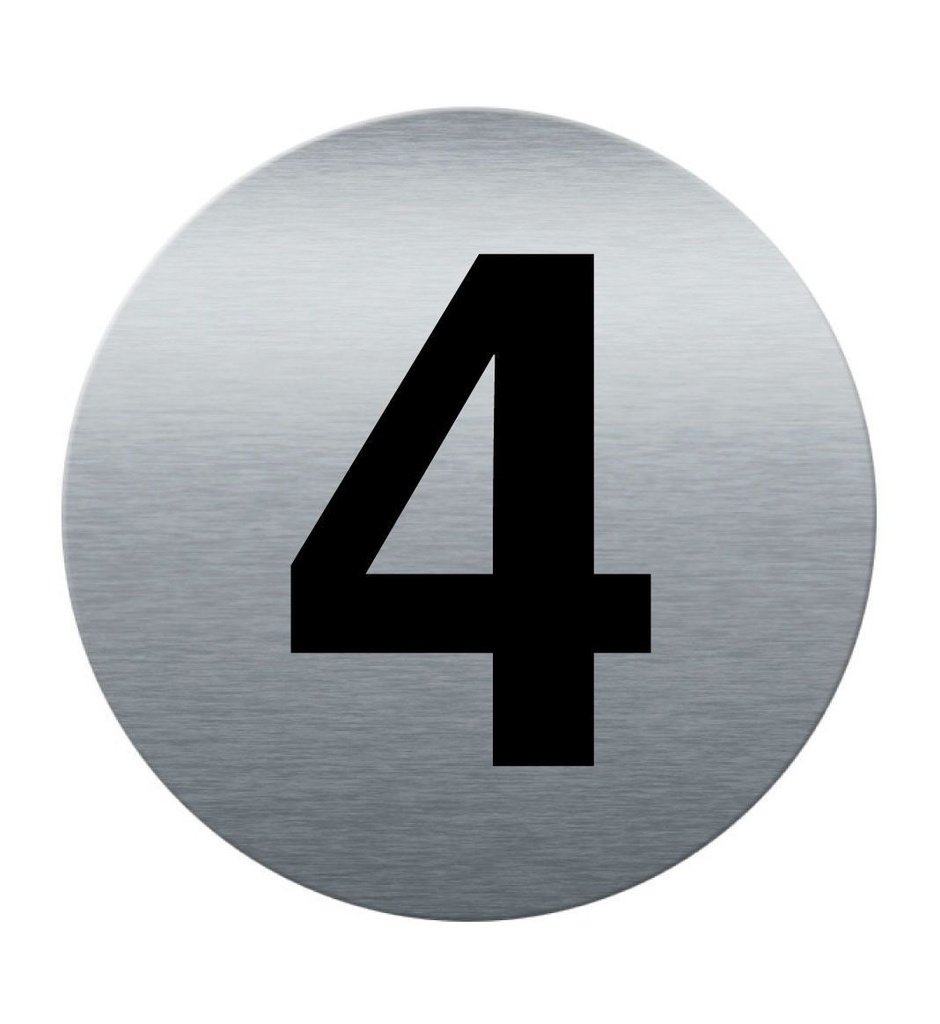 [201857-F] Plaque de porte Aluminium brossé imprimé AluSign Ø 85 mm - épaisseur. 3 mm - Chiffre  4 - Double Face adhésif au dos