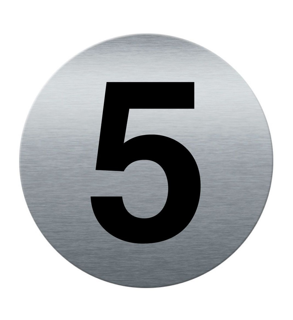 [201859-F] Plaque de porte Aluminium brossé imprimé AluSign Ø 85 mm - épaisseur. 3 mm - Chiffre  5 - Double Face adhésif au dos