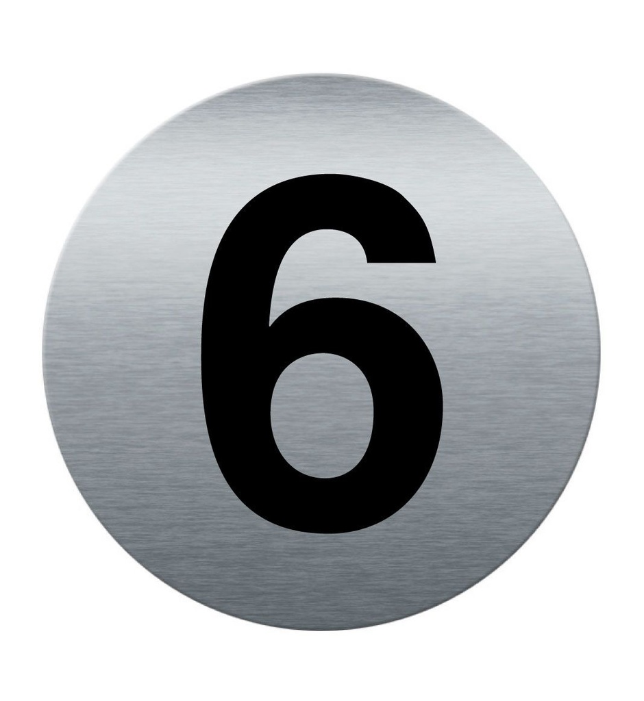 [201860-F] Plaque de porte Aluminium brossé imprimé AluSign Ø 85 mm - épaisseur. 3 mm - Chiffre 6 - Double Face adhésif au dos