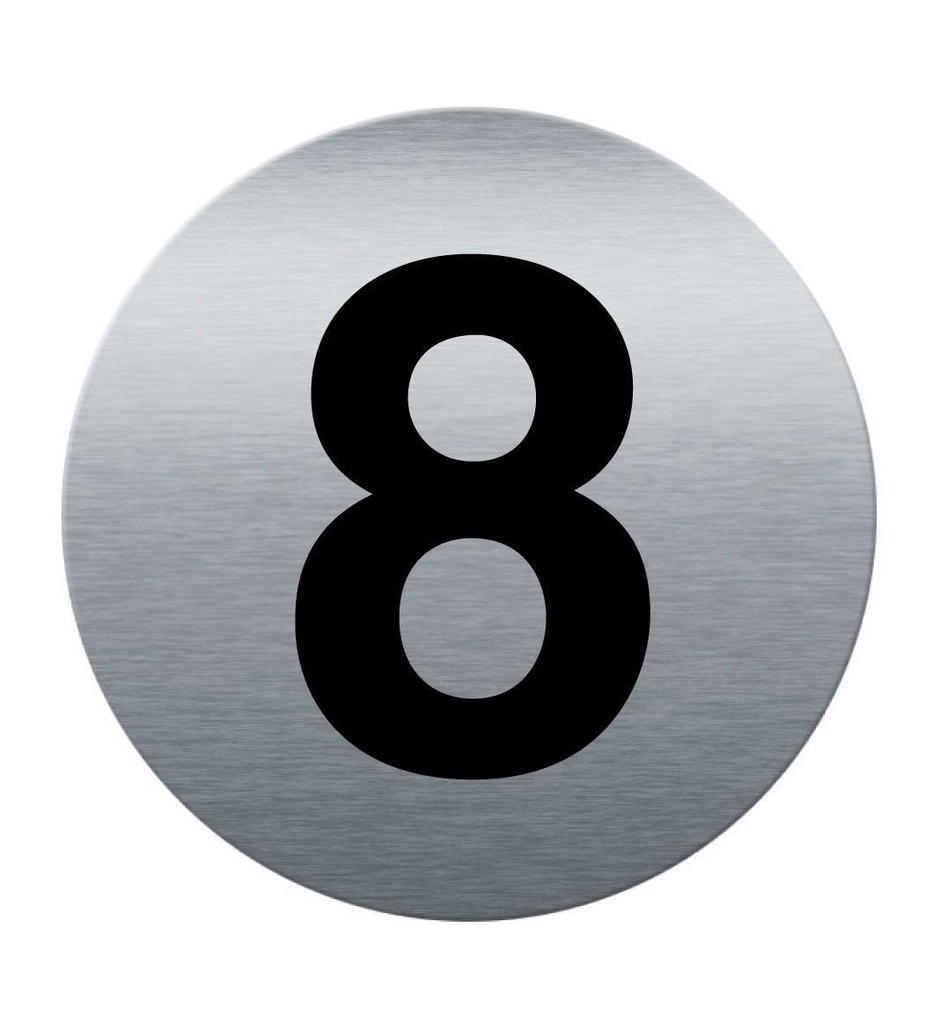 [201862-F] Plaque de porte Aluminium brossé imprimé AluSign Ø 85 mm - épaisseur. 3 mm - Chiffre 8 - Double Face adhésif au dos