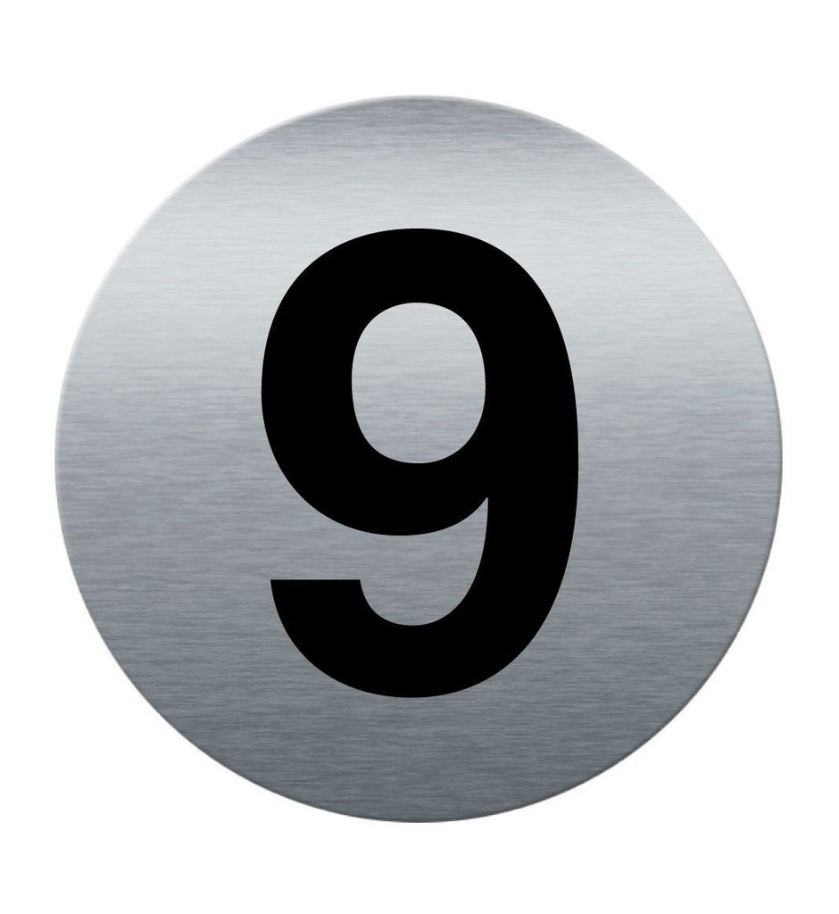 [201863-F] Plaque de porte Aluminium brossé imprimé AluSign Ø 85 mm - épaisseur. 3 mm - Chiffre 9 - Double Face adhésif au dos