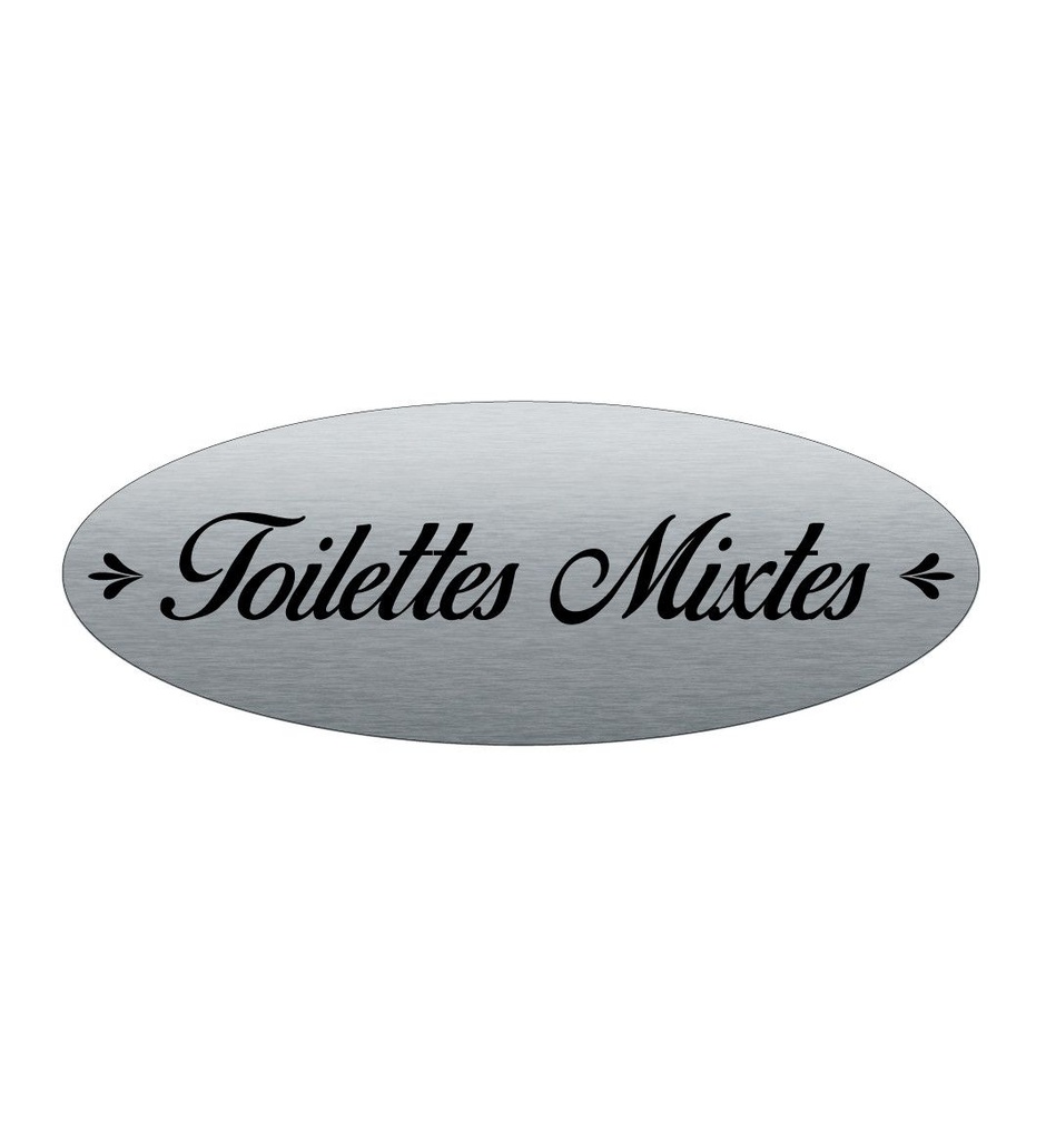 [2025099-F] Plaque de porte Aluminium brossé AluSign Ovale 160x60 mm - Toilettes Mixtes - Double Face adhésif au dos