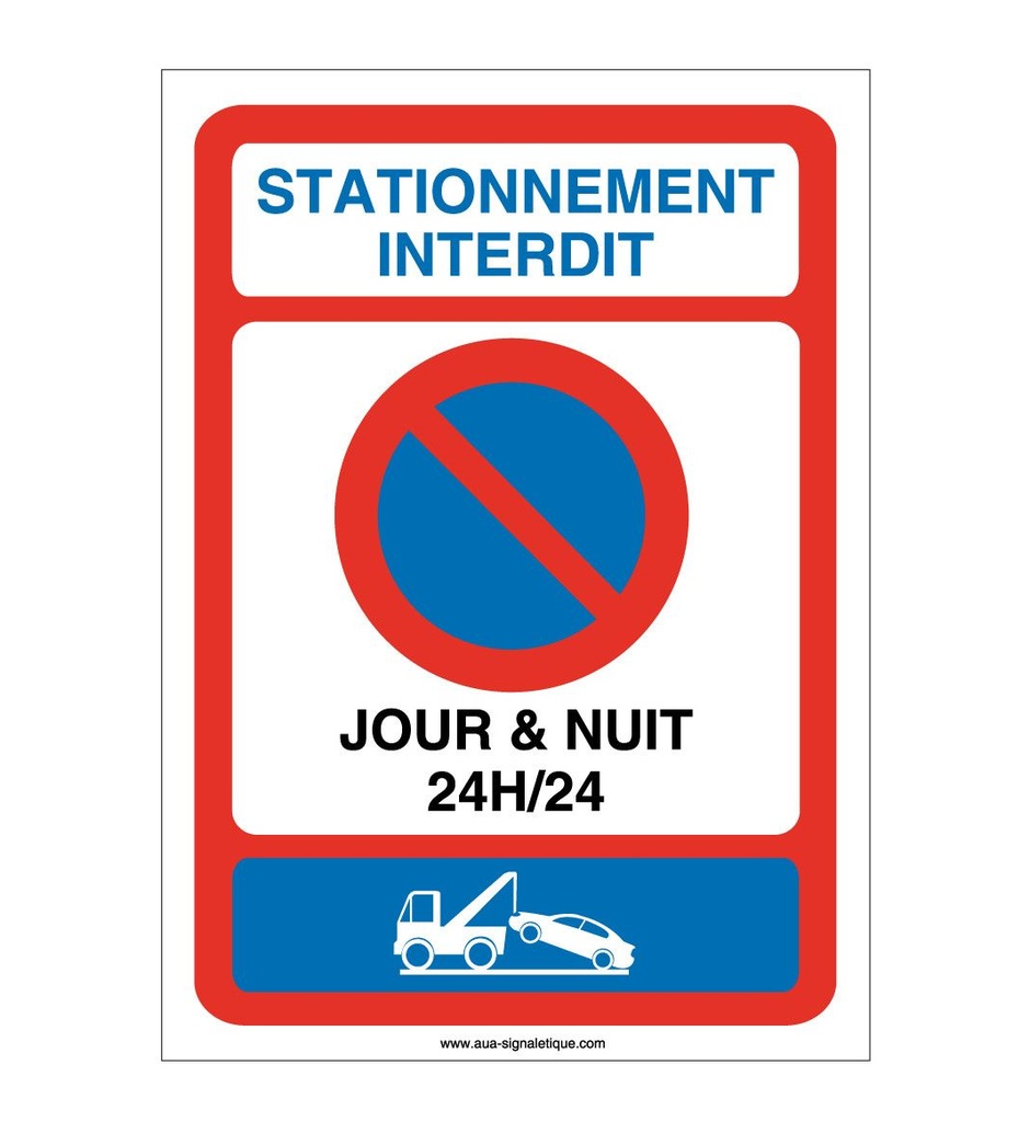 [4674-AI-v-75x105] Panneau Stationnement interdit jour et nuit-AI (75 x 105 mm, Vinyle Autocollant)