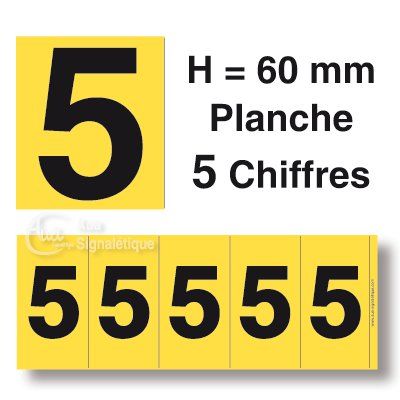 [8616-F-01] Planche 5 Chiffres prédécoupés Fond Jaune -Hauteur 60mm (0)