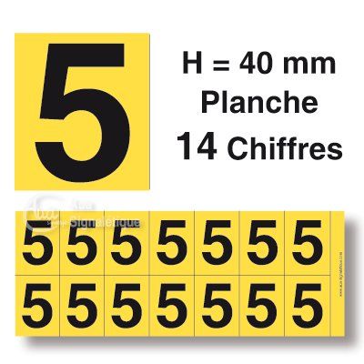 [8617-F-01] Planche 14 Chiffres prédécoupés Fond Jaune -Hauteur 40mm (0)