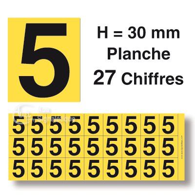 [8618-F-01] Planche 27 Chiffres prédécoupés Fond Jaune -Hauteur 30mm (0)