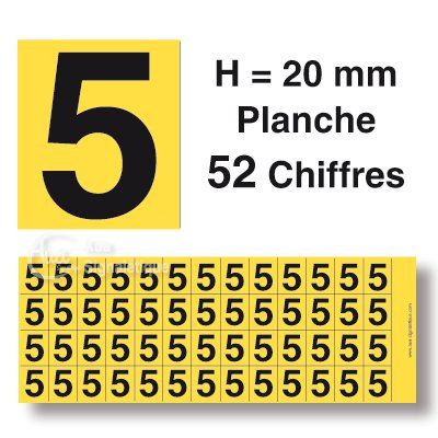 [8619-F-01] Planche 52 Chiffres prédécoupés Fond Jaune -Hauteur 20mm (0)
