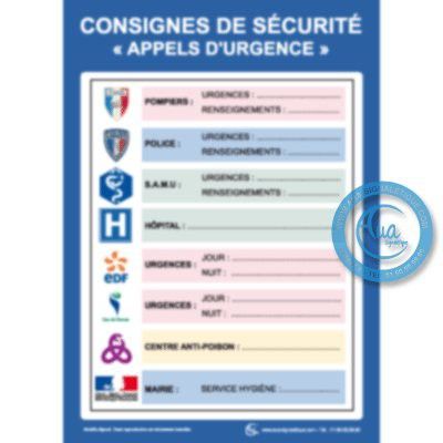 [2082-F_6] Consignes de Sécurité Appels d'urgence (A3 300 x 420 mm, Vinyle Autocollant)