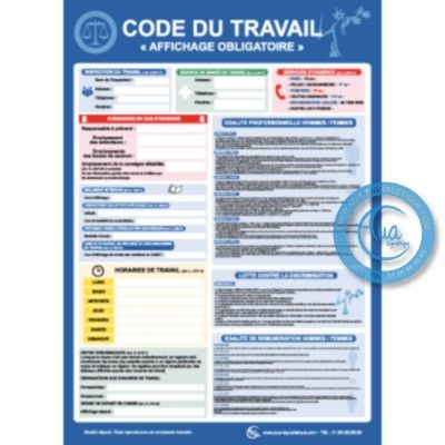 [2088-F_3] Panneau Affichage obligatoire Code du Travail (A3 300 x 420 mm, Vinyle Autocollant)