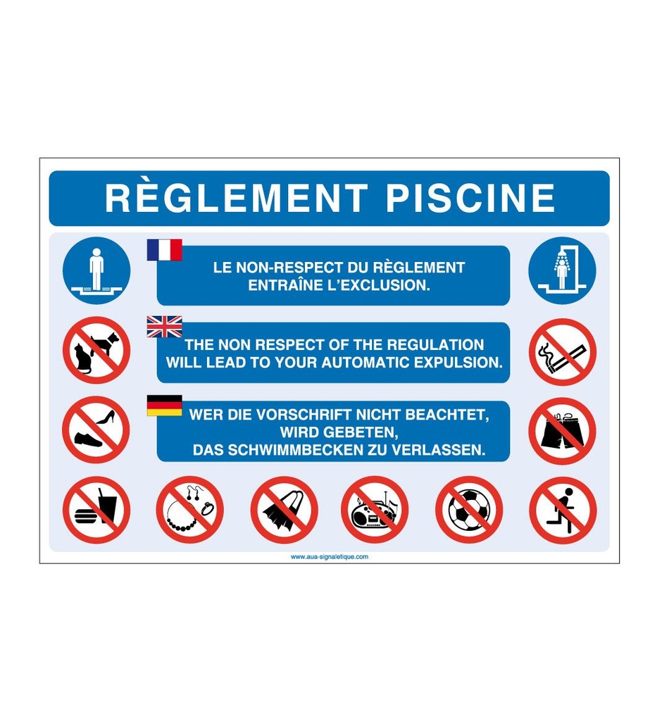 [4632-AP-v-300x210] Panneau Règlement Piscine 3 langues (300 x 210 mm, Vinyle Autocollant)