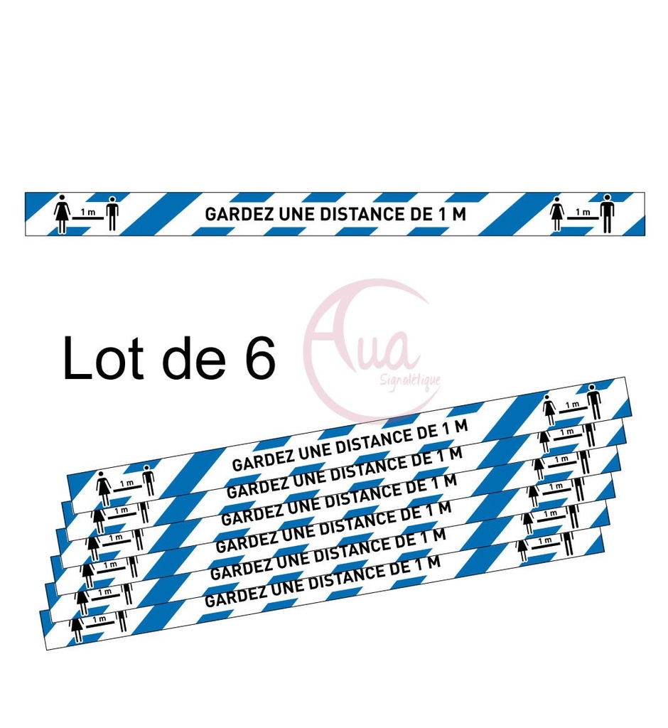 [201381-F-670] Lot de 6 Bandes de Marquage au sol - Gardez une distance de 1 mètre - autocollant laminé (670 x 50 mm)
