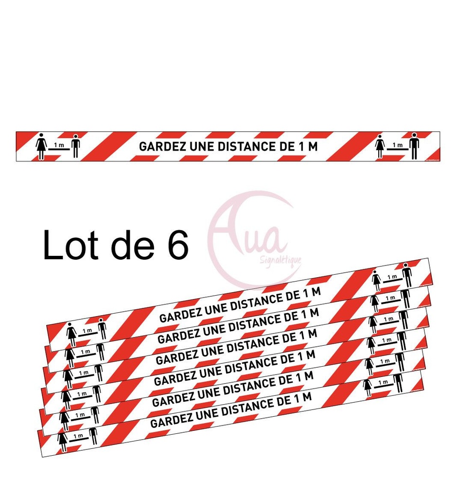 Lot de 6 Bandes de Marquage au sol - Gardez une distance de 1 mètre - Rouge - autocollant laminé