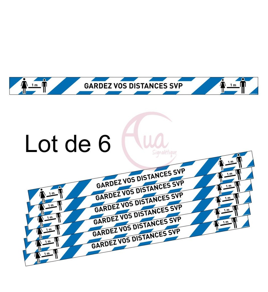 Lot de 6 Bandes de Marquage au sol - Gardez vos distances - Bleu - autocollant laminé