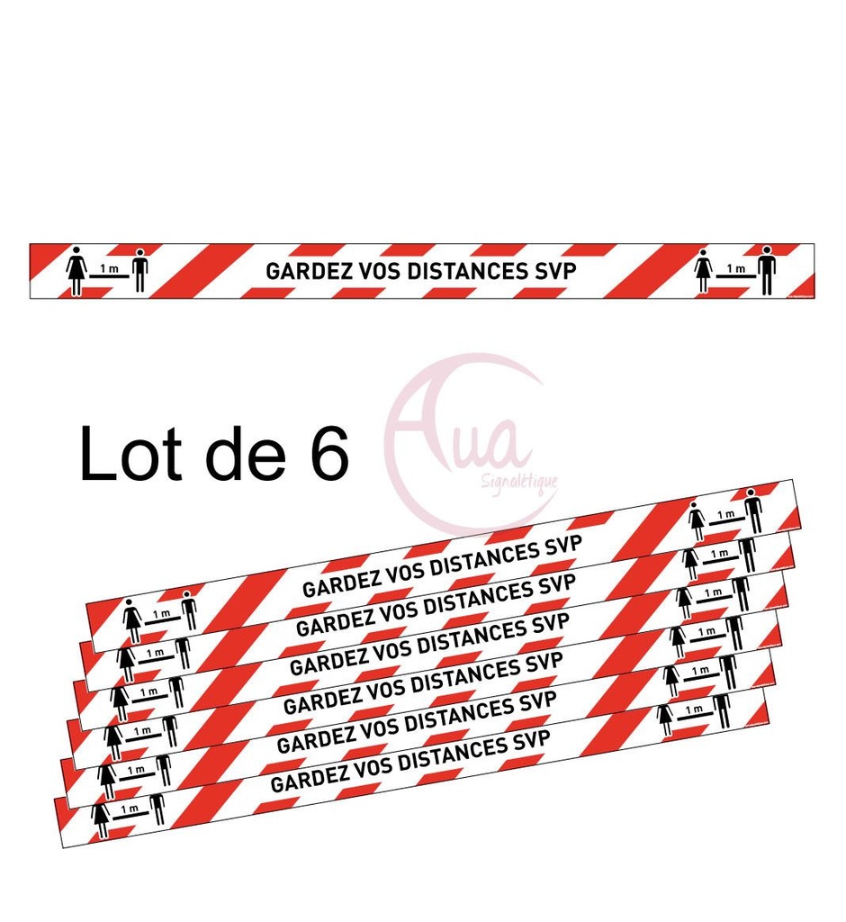 [201384-F-670] Lot de 6 Bandes de Marquage au sol - Gardez vos distances - ROUGE - autocollant laminé (670 x 50 mm)