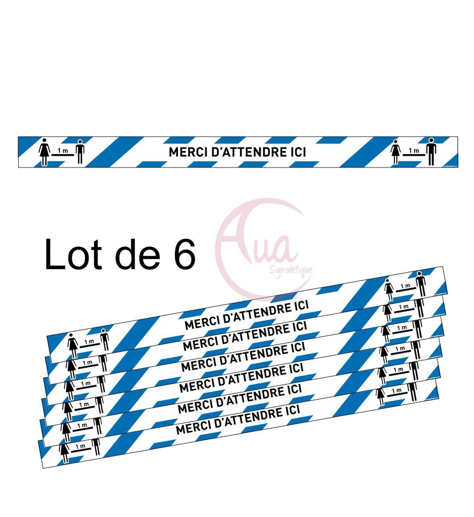[201385-F-670] Lot de 6 Bandes de Marquage au sol - Merci d'attendre ici - Bleu - autocollant laminé (670 x 50 mm)