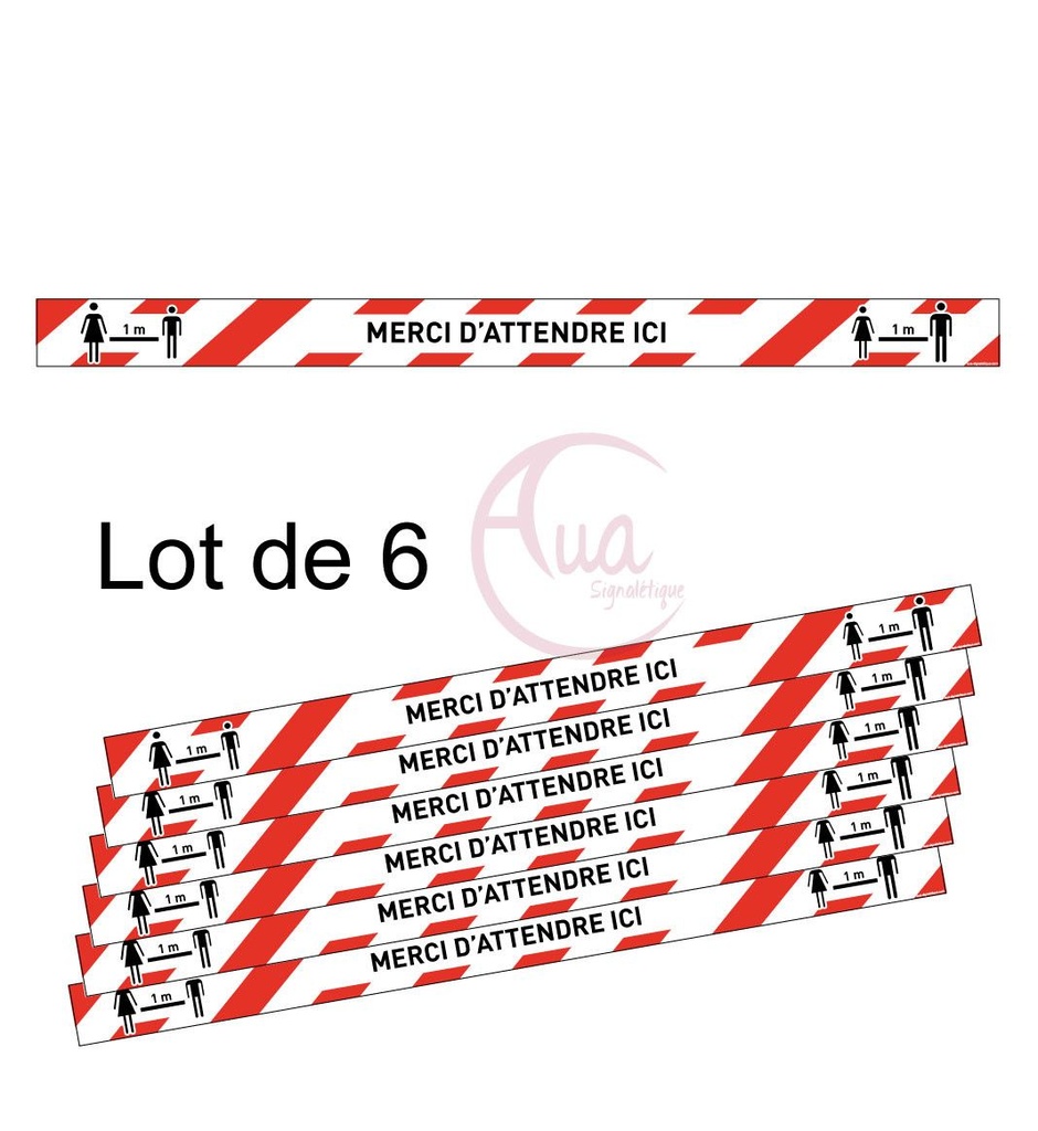 Lot de 6 Bandes de Marquage au sol - Merci d'attendre ici - Rouge - autocollant laminé