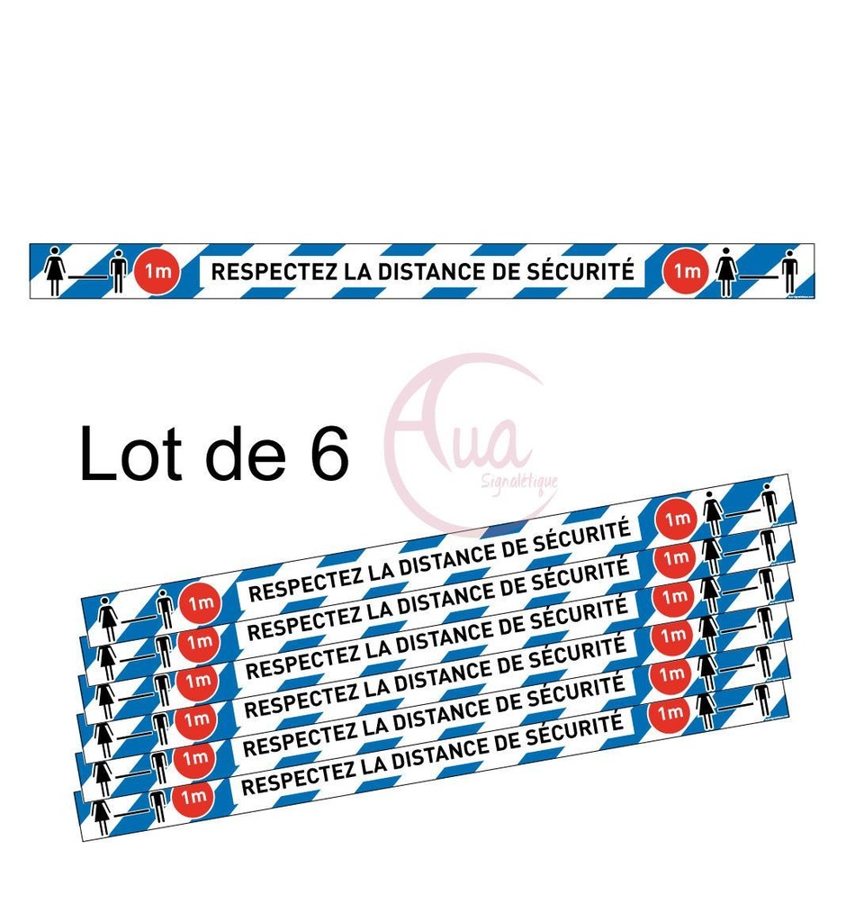 [201389-F-670] Lot de 6 Bandes de Marquage au sol - Respectez la distance de sécurité - bleu - autocollant laminé (670 x 50 mm)