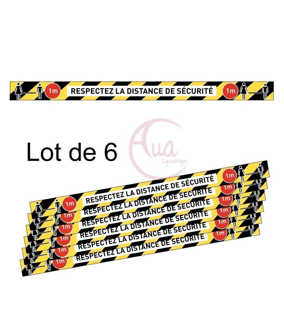 Lot de 6 Bandes de Marquage au sol - Respectez la distance de sécurité - Jaune - autocollant laminé