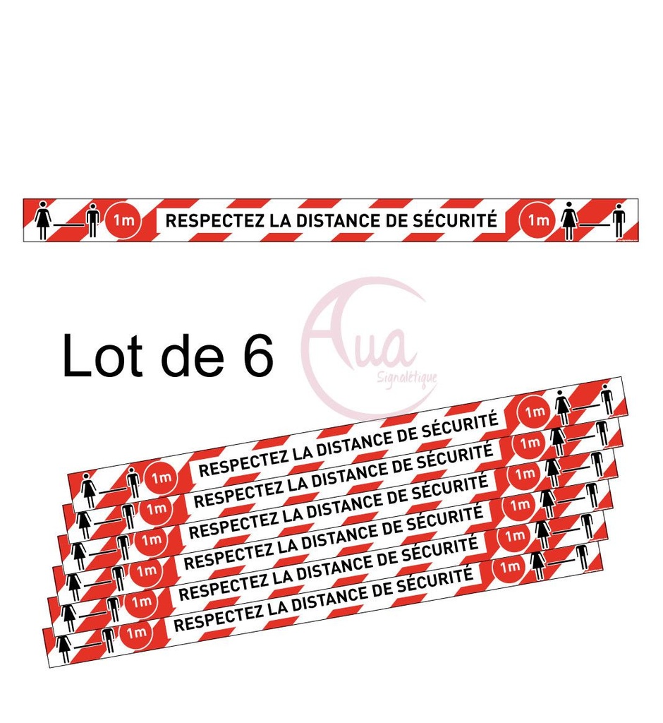 [201391-F-670] Lot de 6 Bandes de Marquage au sol - Respectez la distance de sécurité - rouge - autocollant laminé (670 x 50 mm)