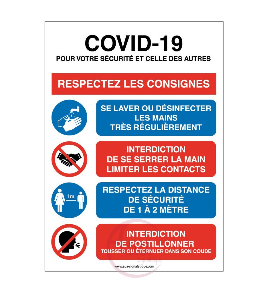 [201457-AI-v-75x105] Panneau de signalisation règles Covid-19 respectez les consignes avec 4 pictogrammes (75 x 105 mm, Vinyle Autocollant)