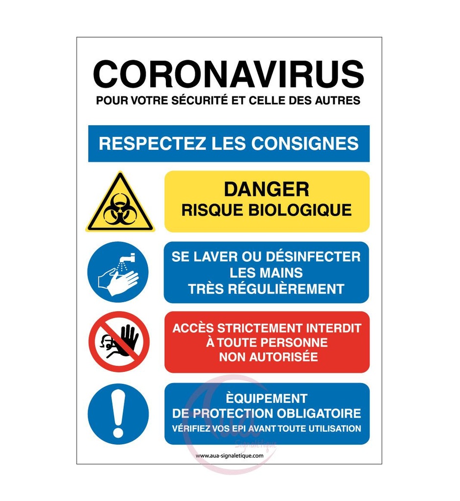 [201458-AI-v-75x105] Panneau de signalisation consignes de lutte contre Coronavirus Covid-19 avec 4 pictogrammes (75 x 105 mm, Vinyle Autocollant)