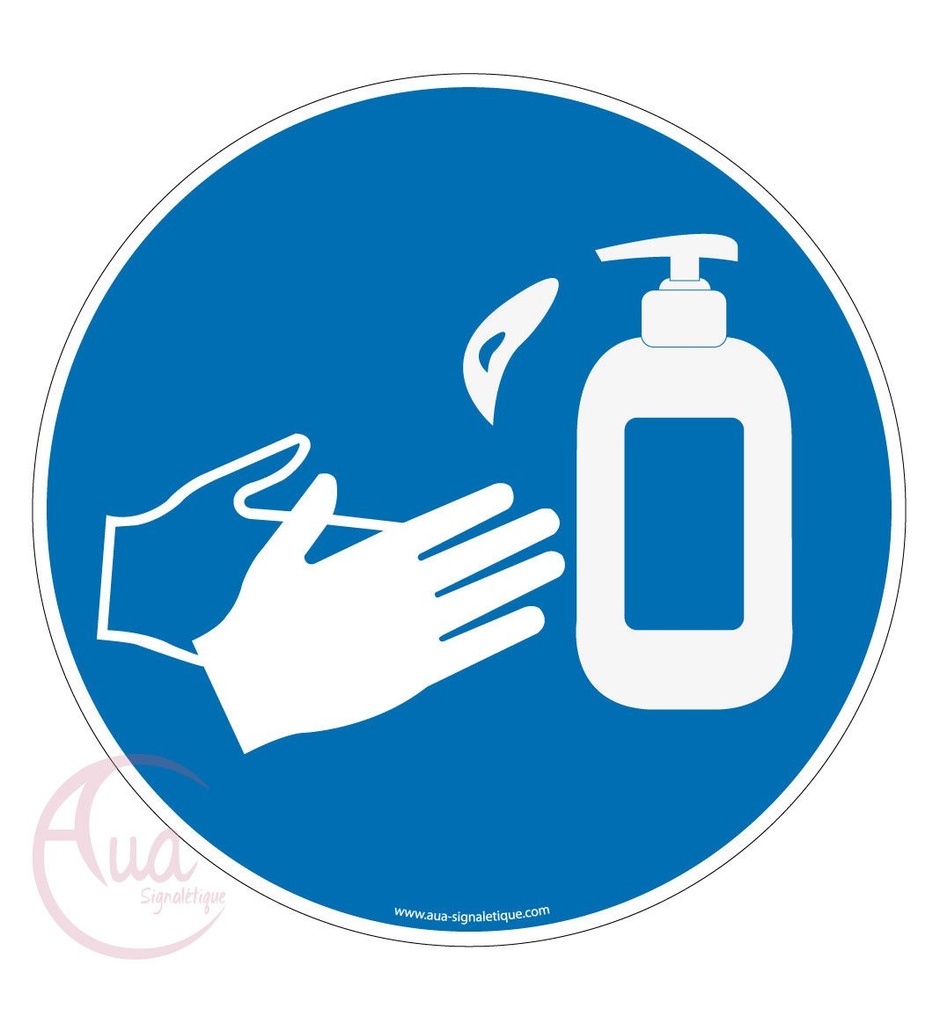 [201481-R-v-130] Panneau gestes barrières désinfection des mains au gel hydroalcoolique obligatoire (Ø 130 mm, Vinyle Autocollant)