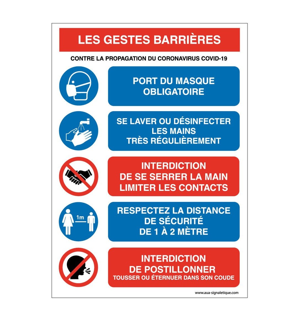 [201489-AI-v-75x105] Panneau de signalisation : Les gestes barrières contre la propagation du coronavirus covid-19 (75 x 105 mm, Vinyle Autocollant)