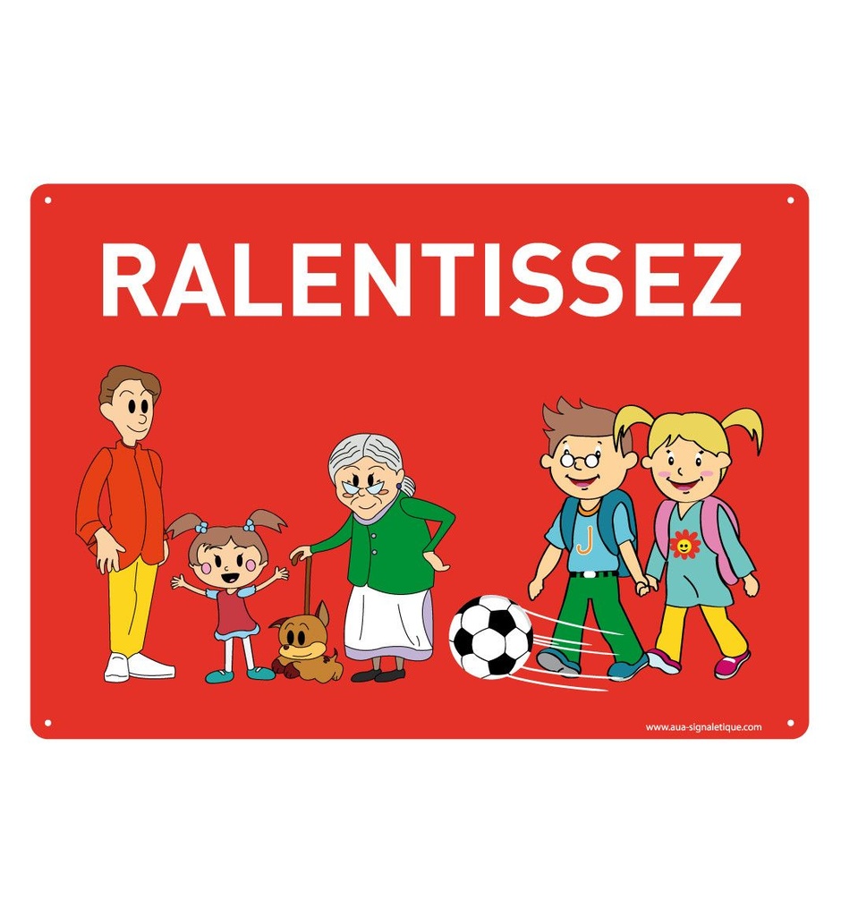 [202136-AP-p-210x150] Panneau Prépercé avec angles arrondis - Ralentissez. Famille et Enfants Dans Le Quartier (210 x 150 mm, PVC 1.5 mm)