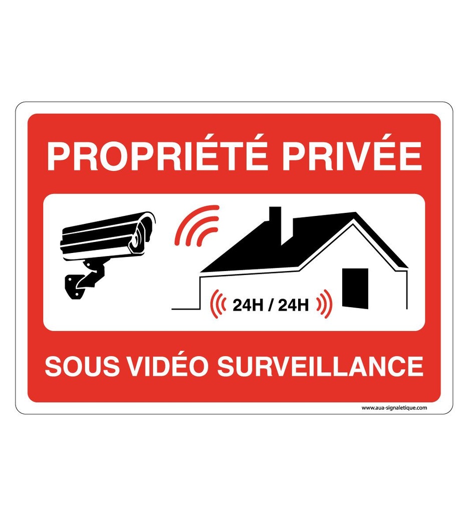 [202166-AP-v-210x150] Panneau Signalisation Avec Coins Arrondis - Propriété Privée Sous Vidéo Surveillance 24h/24 Maison (210 x 150 mm, Vinyle Autocollant)