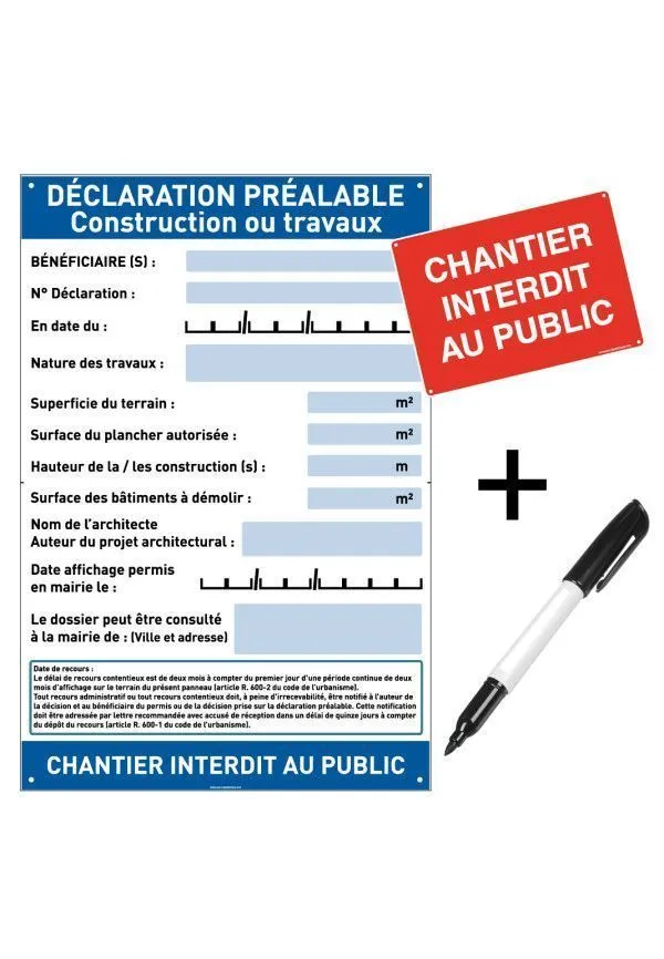 [2025040] Panneau Déclaration Travaux Chantier– Akilux 5 mm – 80 x 120 cm – Avec Marqueur + Panneau “Chantier interdit au public” (Déclaration Préalable Travaux)